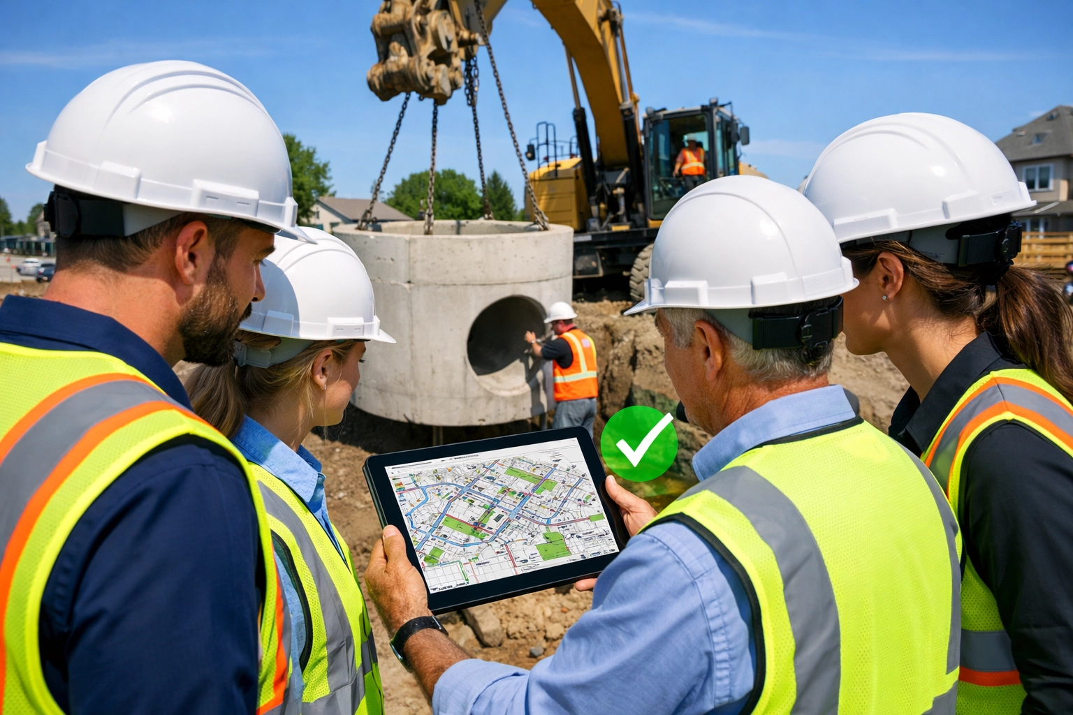 Civil engineers reviewing a site servicing plan at an active land development construction site in Ontario.