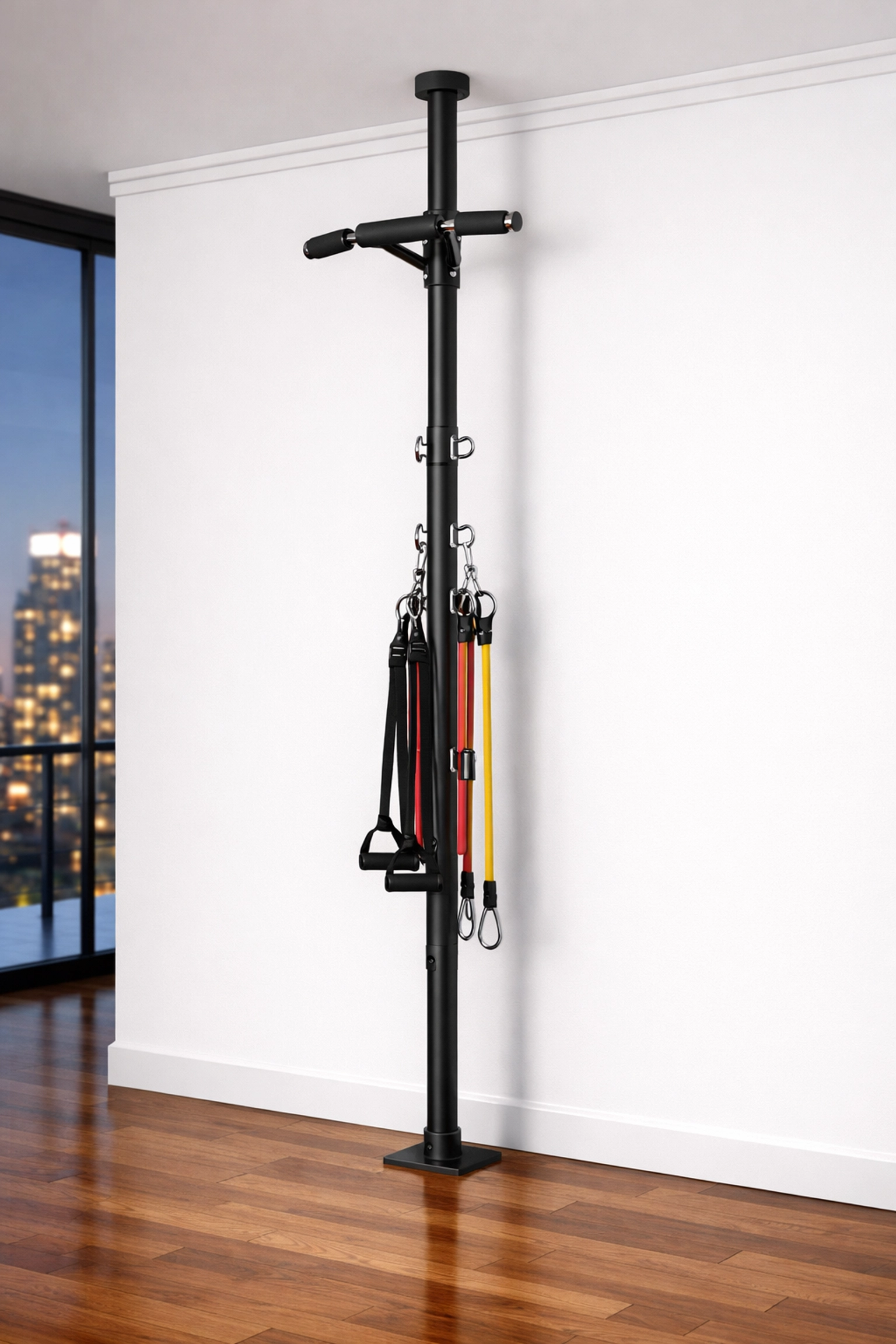 Sleek floor to ceiling gym rail in an apartment setting providing a no wall damage workout system.