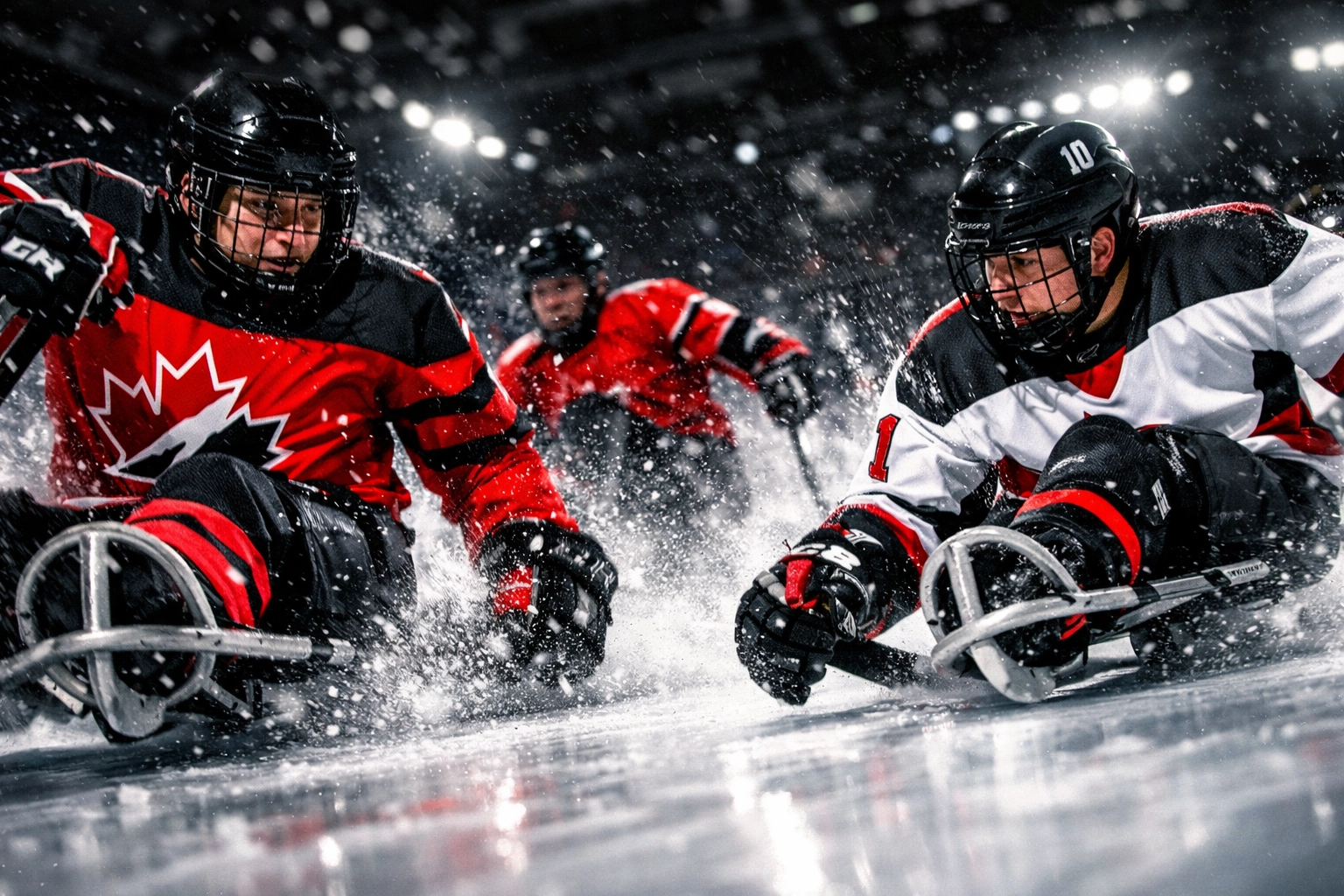 Para ice hockey players competing in sledge hockey tournament