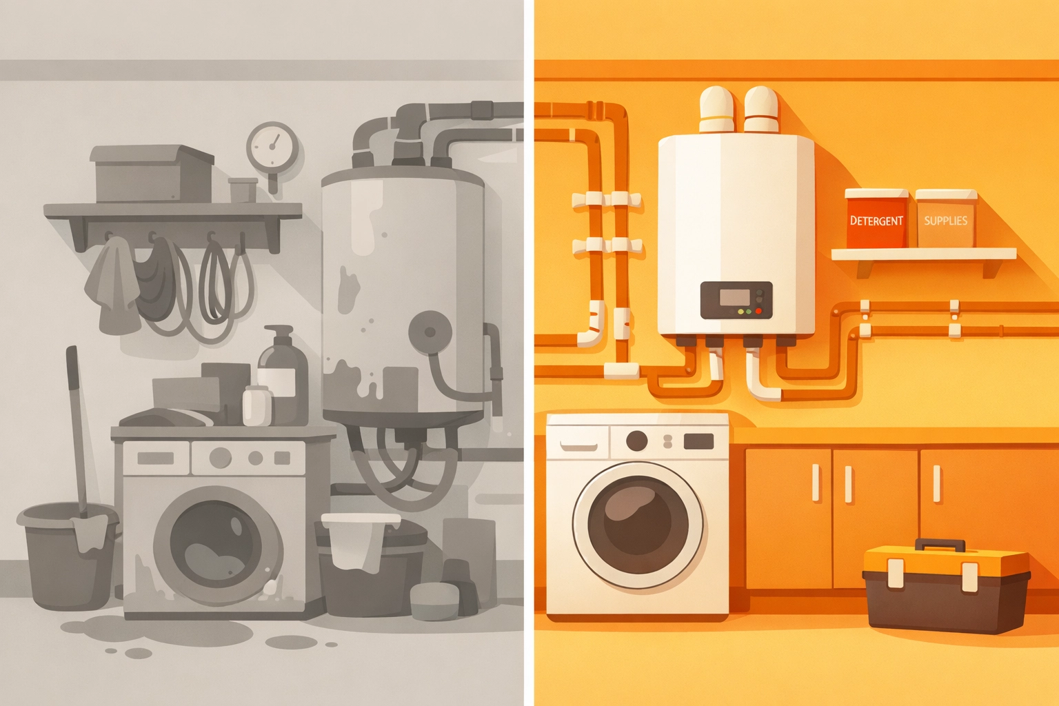 Split-screen illustration of a before and after photo app showing professional job site documentation.
