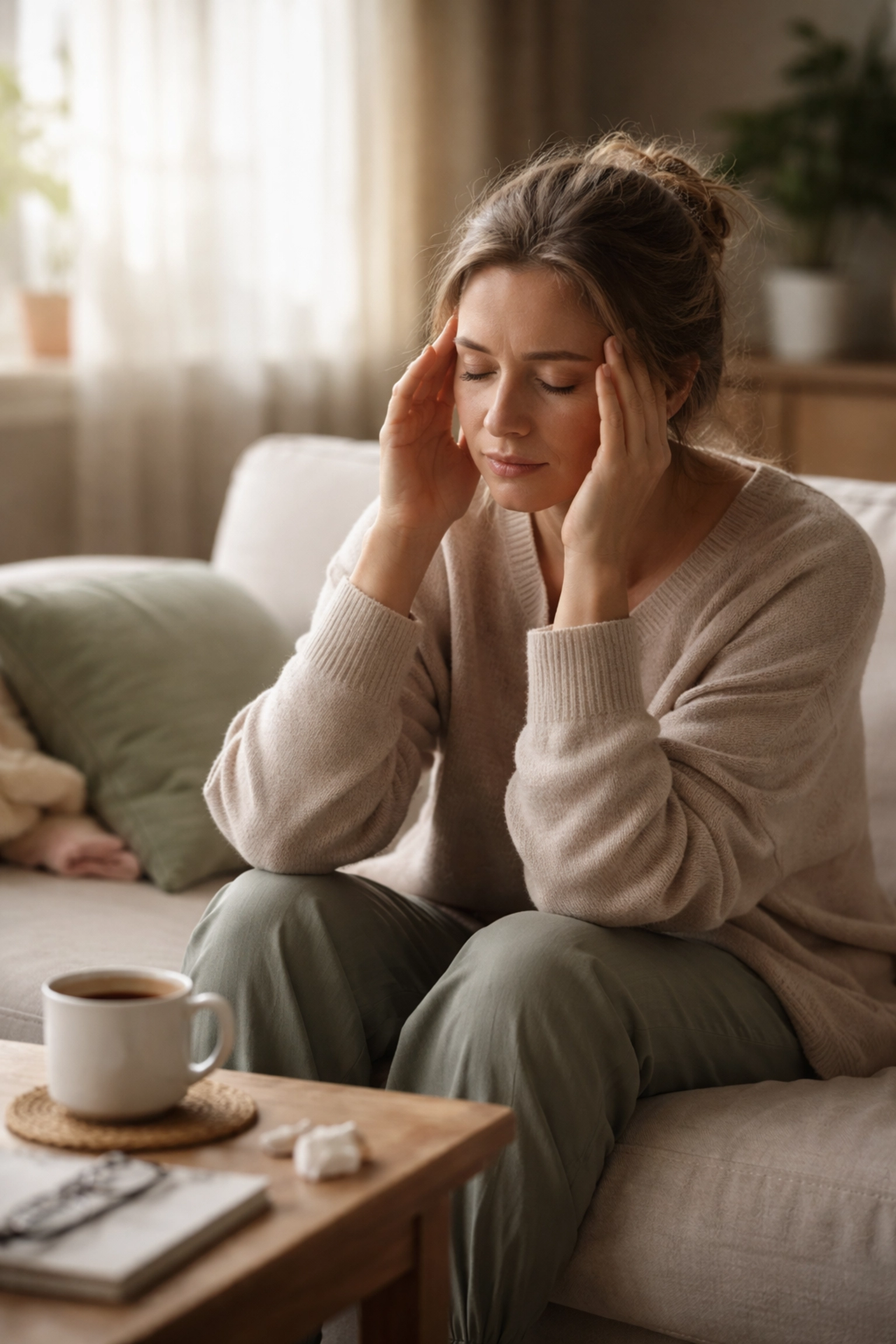 A parent sits quietly on a living room couch, taking a sensory break amid parental overwhelm and exhaustion.