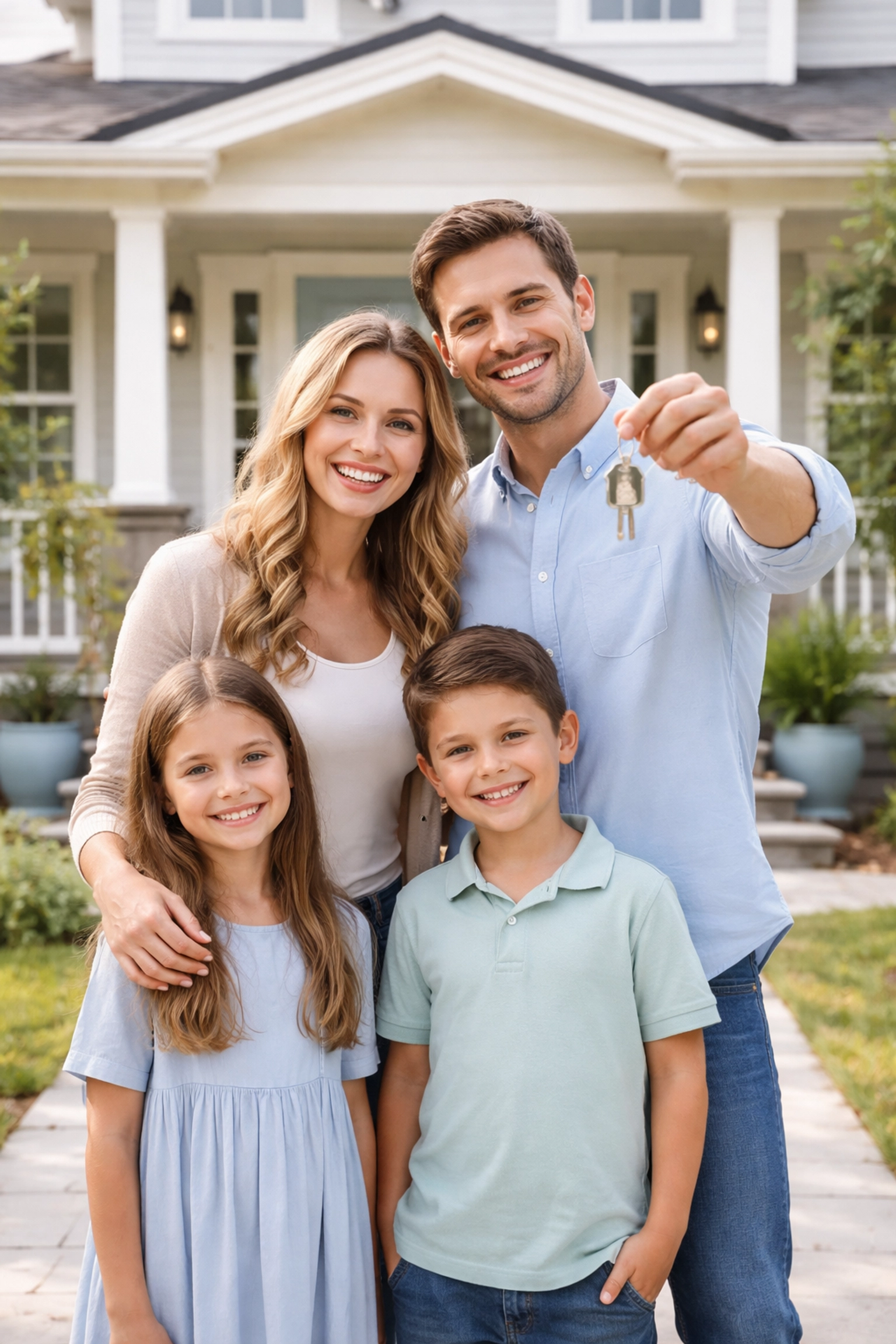 Happy family holding keys in front of their new home, representing modern homeownership security with title insurance.