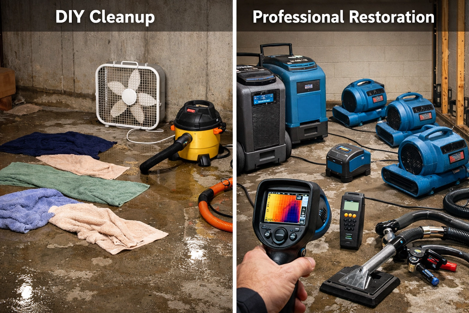 Comparison of DIY water cleanup tools versus professional water damage restoration equipment