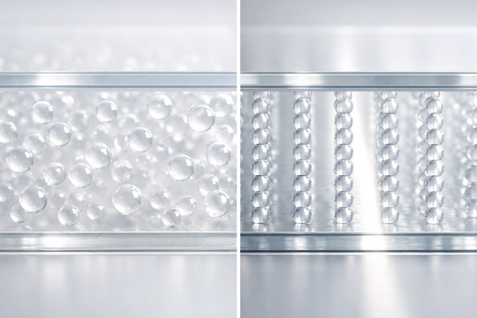 PDLC technology molecular diagram showing liquid crystal alignment in frosted and transparent switchable glass states.