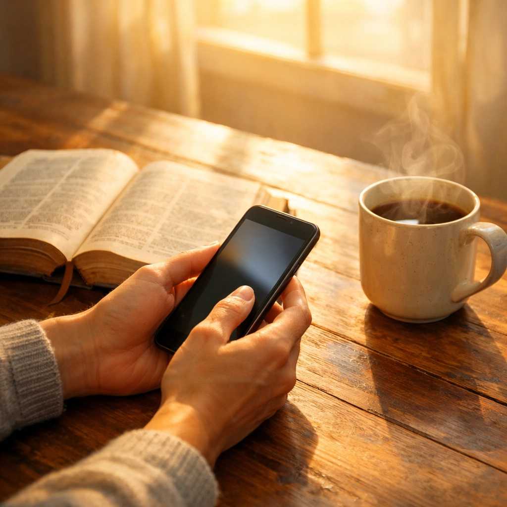 Smartphone displaying Christian AI app next to open Bible and coffee on table