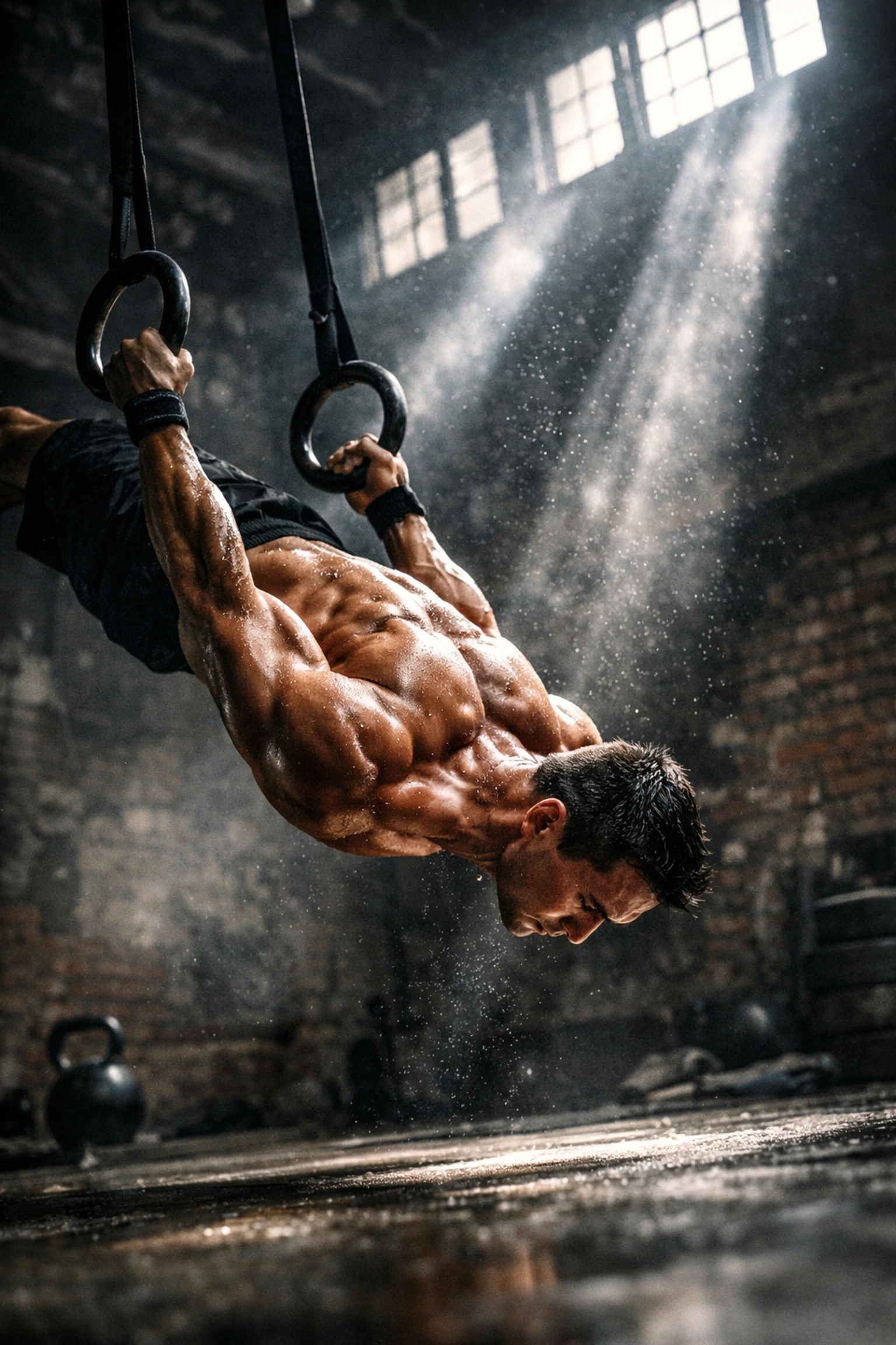 Muscular athlete performing a back lever on gymnastic rings in a versatile crossfit home gym.