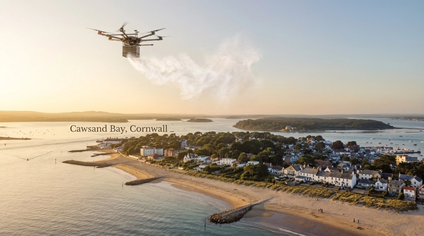 Hero image of Cawsand Bay Cornwall drone ash scattering