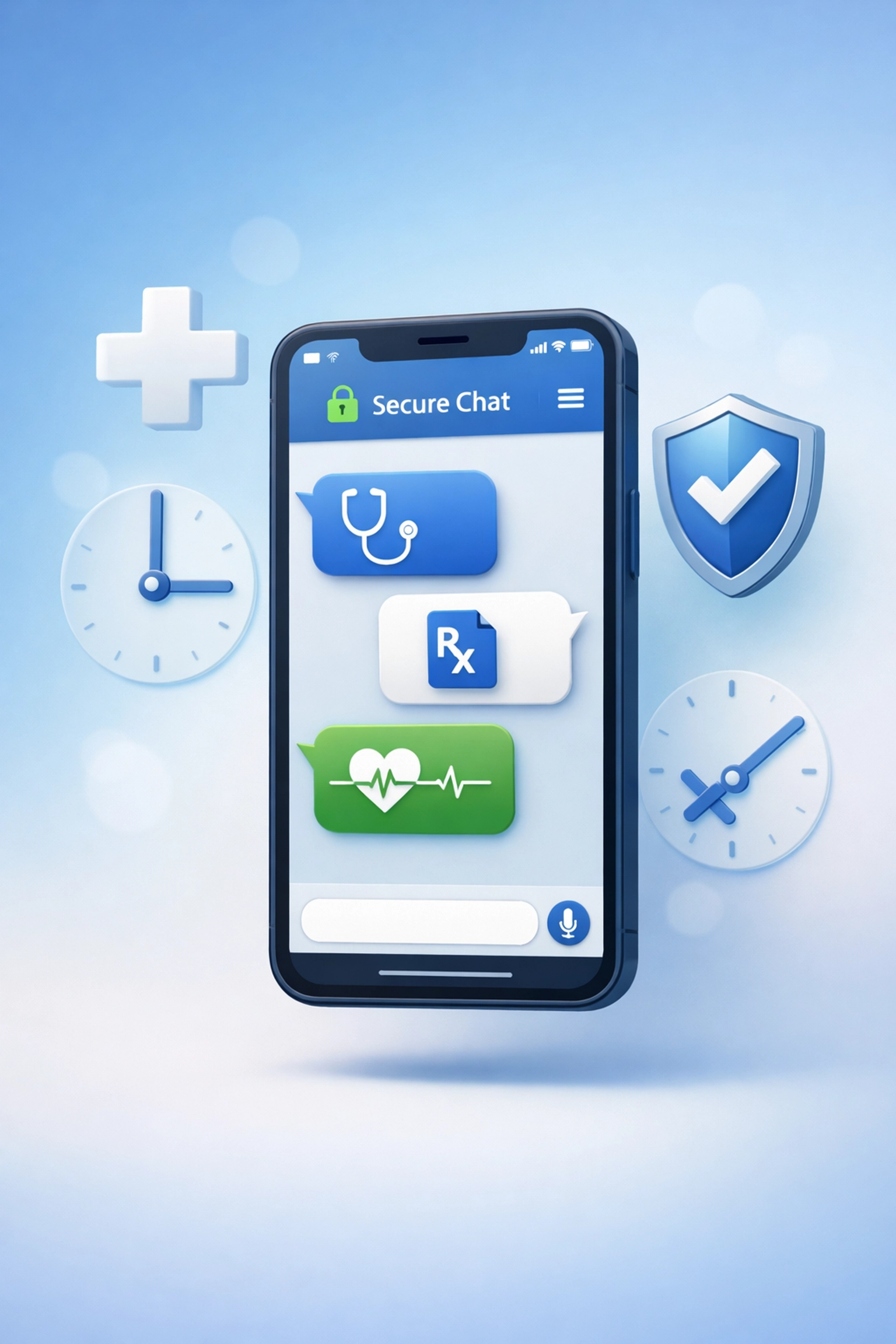 Secure 24/7 medical chat interface on smartphone with doctor messaging and health symbols