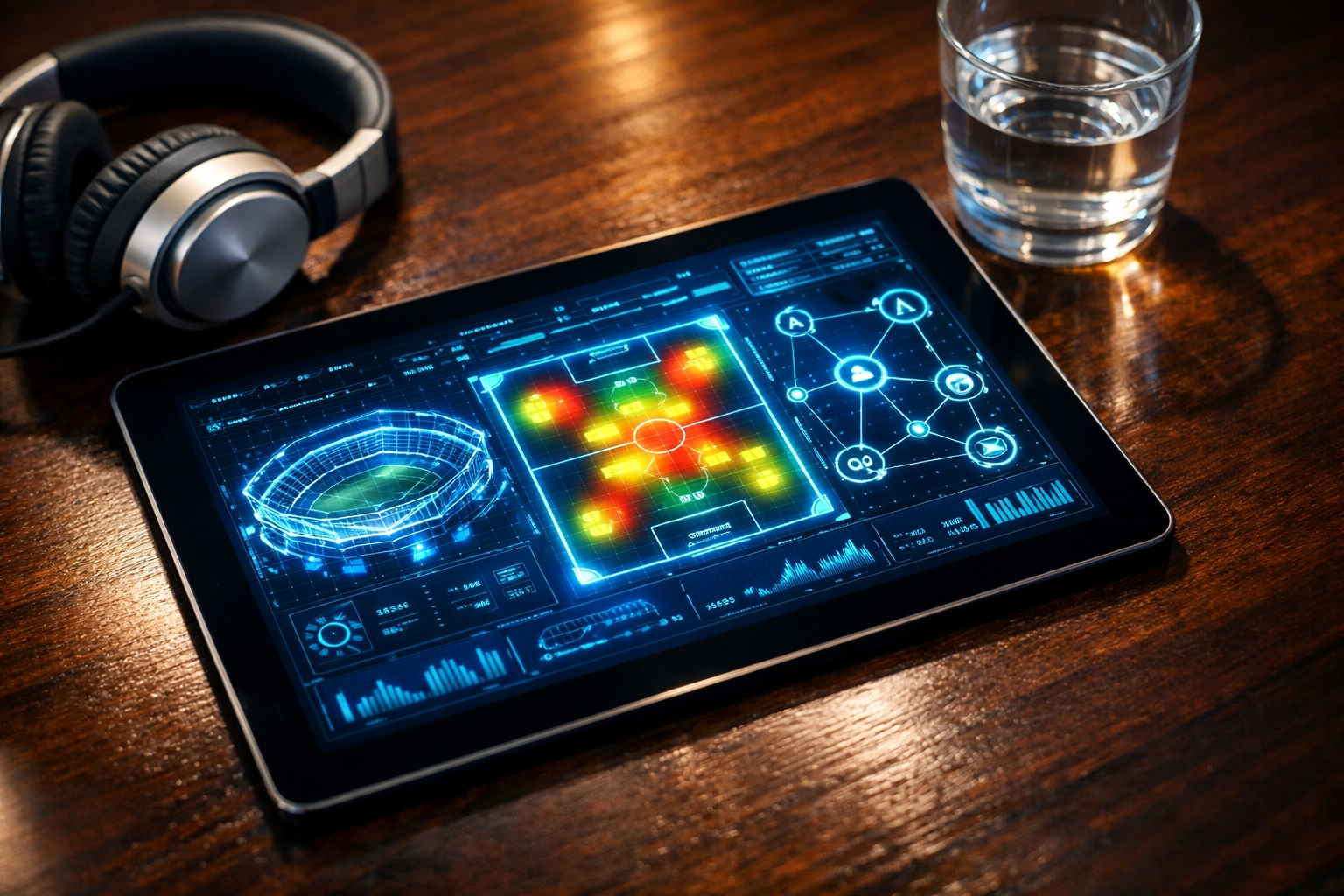 Tablet displaying sports betting analytics and heat maps for historical trend and data analysis.