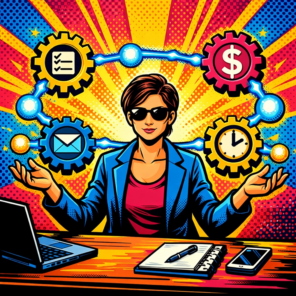 Solopreneur managing tasks with workflow automation for small business using connected gears.