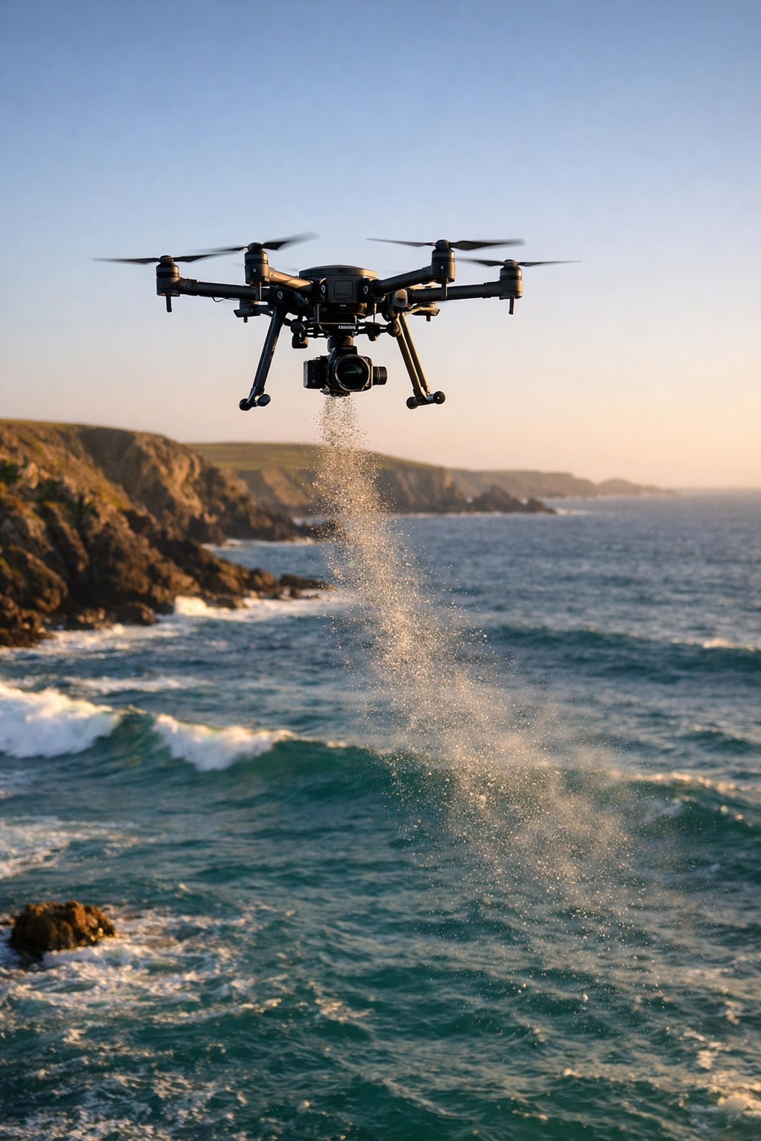 Dignified drone ashes scattering over the sea at Fistral Beach, Newquay, Cornwall during sunset.