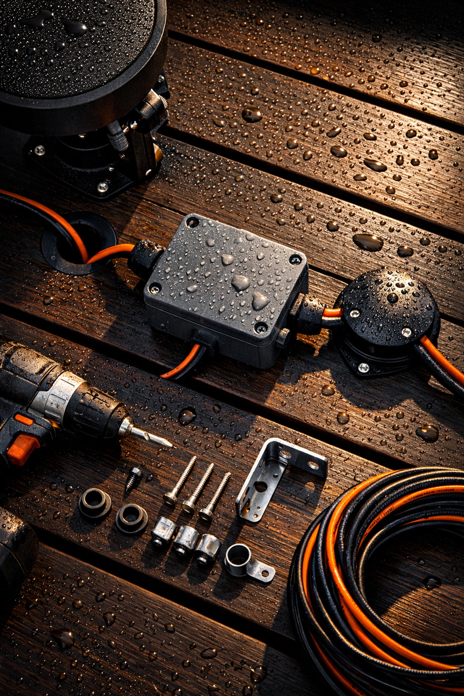 Professional outdoor audio installation showing weatherproof wiring and equipment