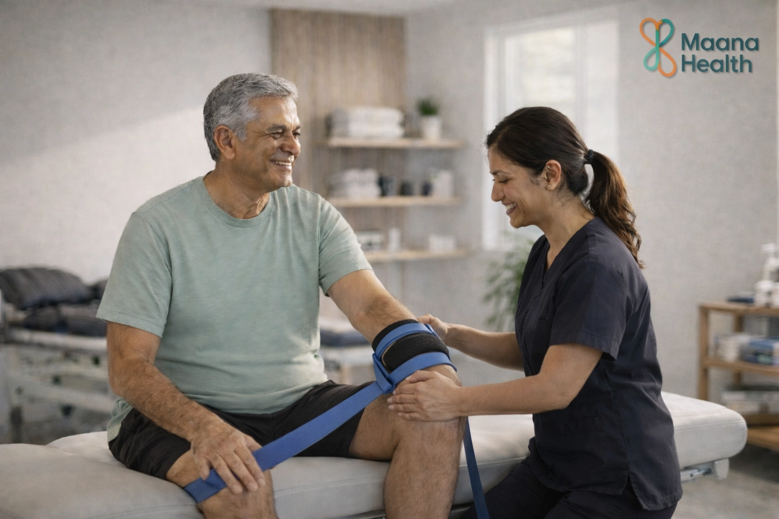 Specialist at a Kozhikode physiotherapy clinic using advanced modalities for non-surgical knee pain treatment.