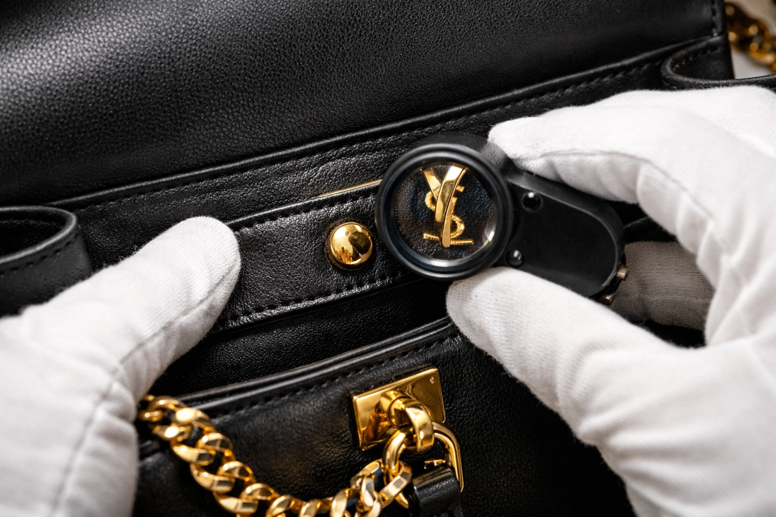 Close-up of a human expert inspecting luxury handbag stitching and hardware under bright task lighting.