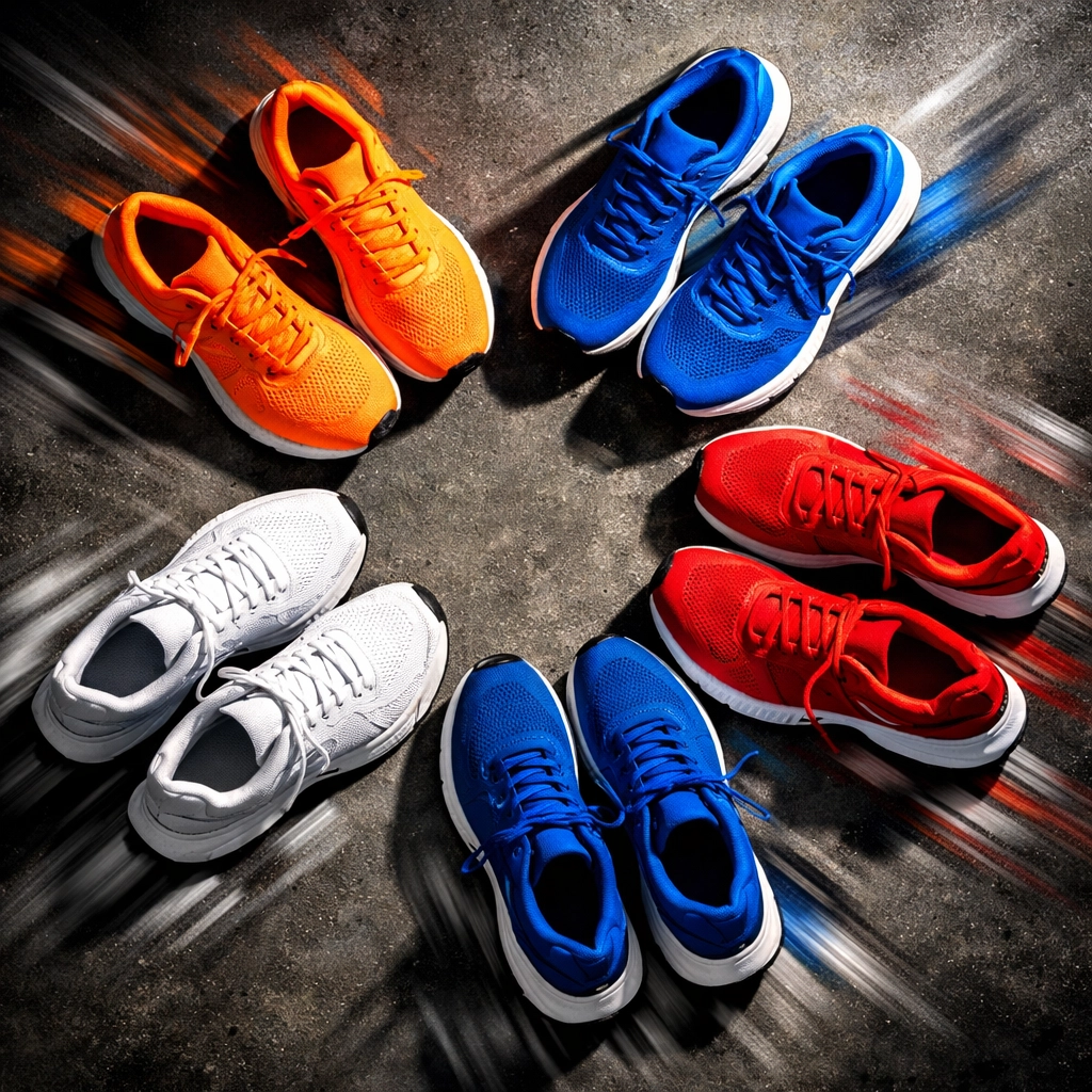 Multiple marathon running shoes lined up in bright colors, showing different cushioning heights and shapes to compare options for running biomechanics
