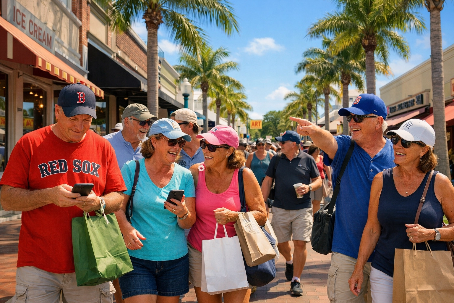 Spring training tourists exploring Fort Myers shops and restaurants during peak March season