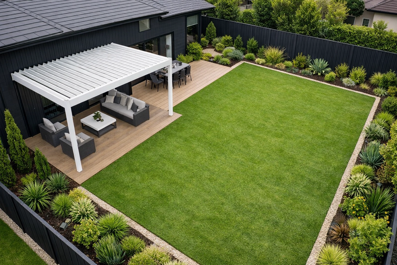 White aluminum louvre system attached to a modern house showing balanced proportions in a suburban backyard.