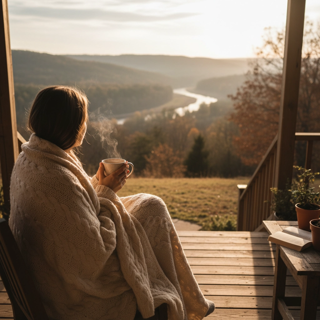A woman sits on her porch with a hot beverage relaxing, looking out at the scenery. Thanksgiving Travel Survival Guide: Navigating Drama Like a Pro
