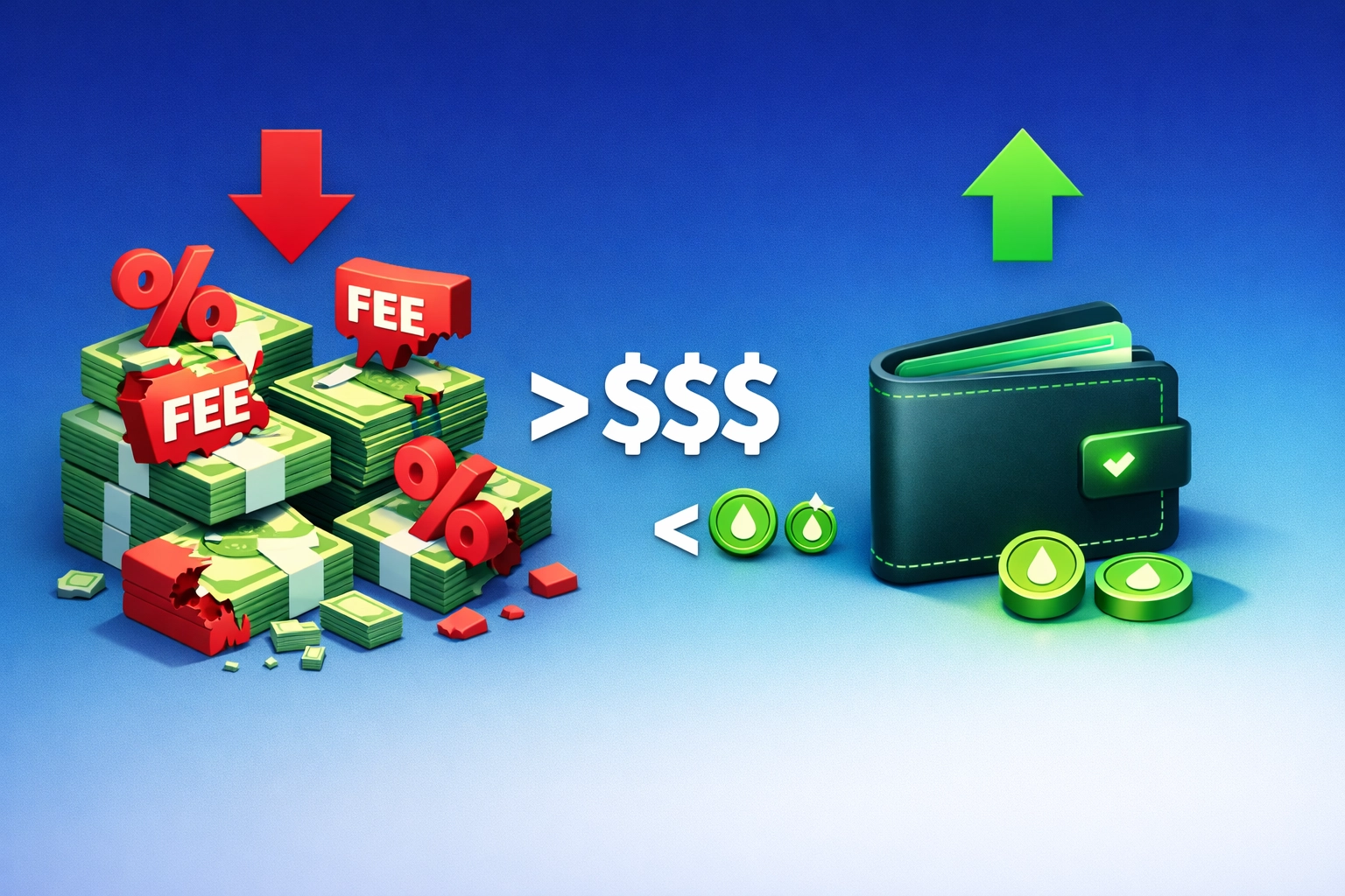Fee comparison showing traditional payment processors versus low-cost crypto gas fees