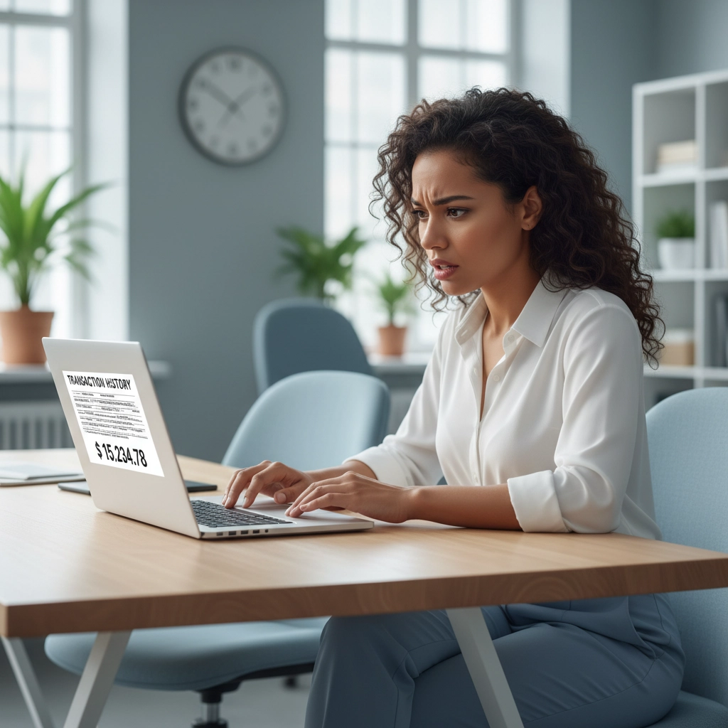 A frustrated woman in a grey blazer rubbing her temples while on a phone call, surrounded by scattered IRS tax forms and a laptop in a modern office.