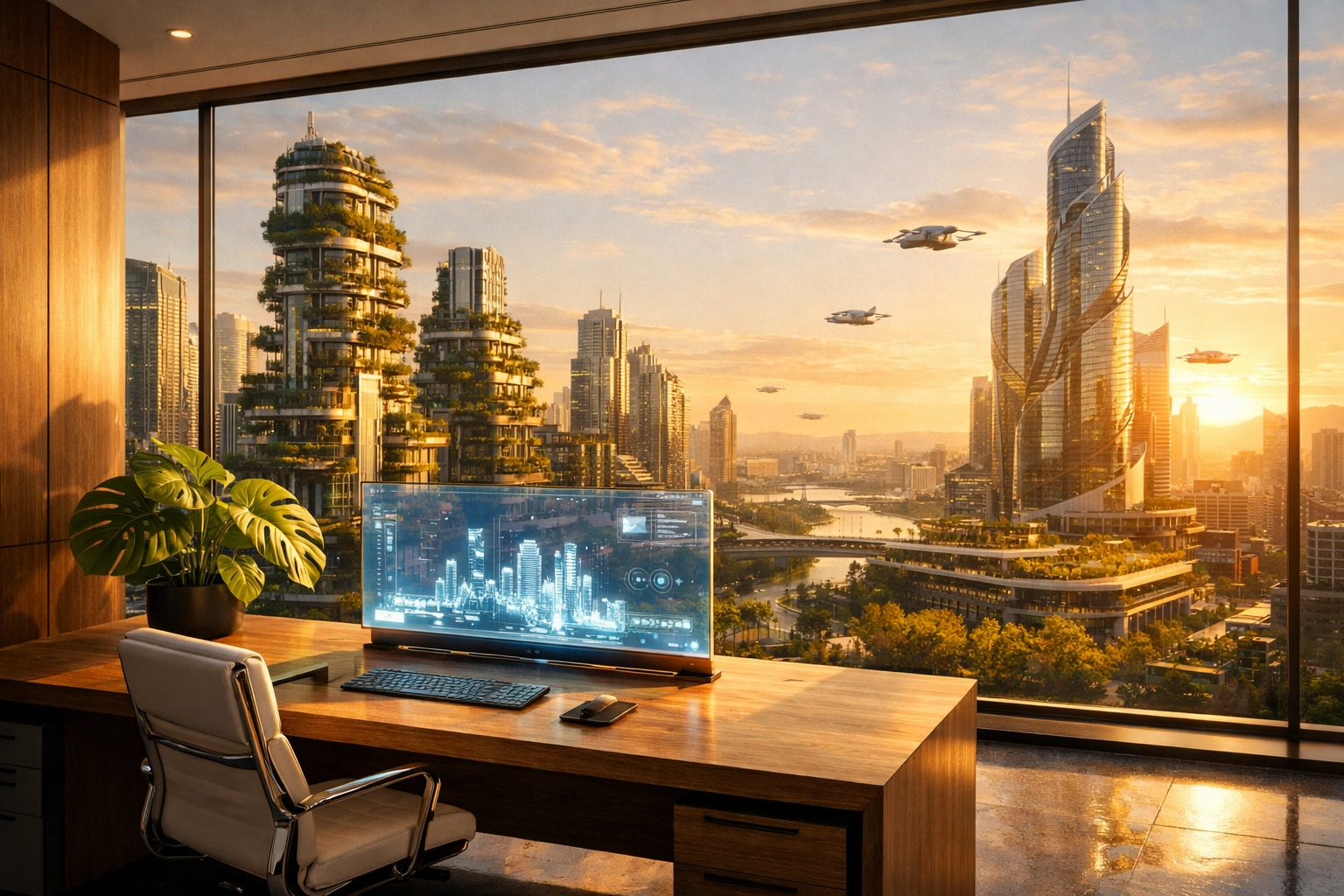 Modern executive office in Johannesburg overlooking a 2026 skyline representing digital leadership and CEO expertise.