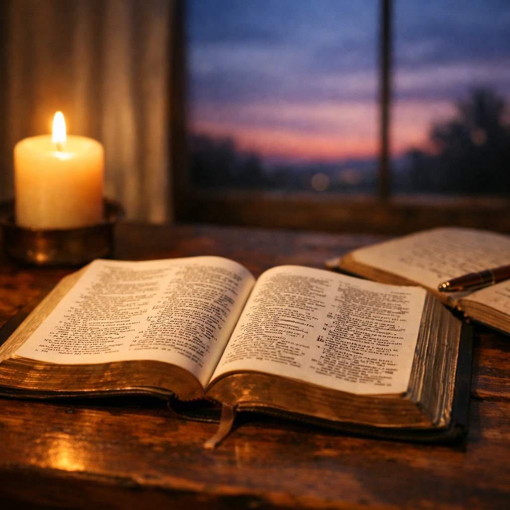 Open Bible with candle and journal for biblical perspective on daily news and prayer