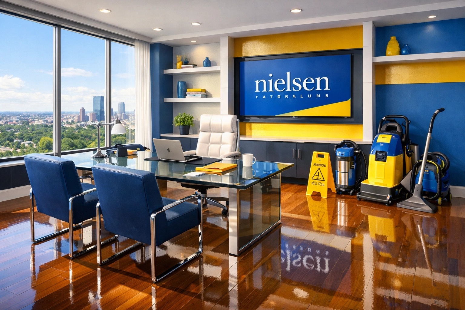 Impeccably deep-cleaned Brookline executive office with polished hardwood floors and glass desk.