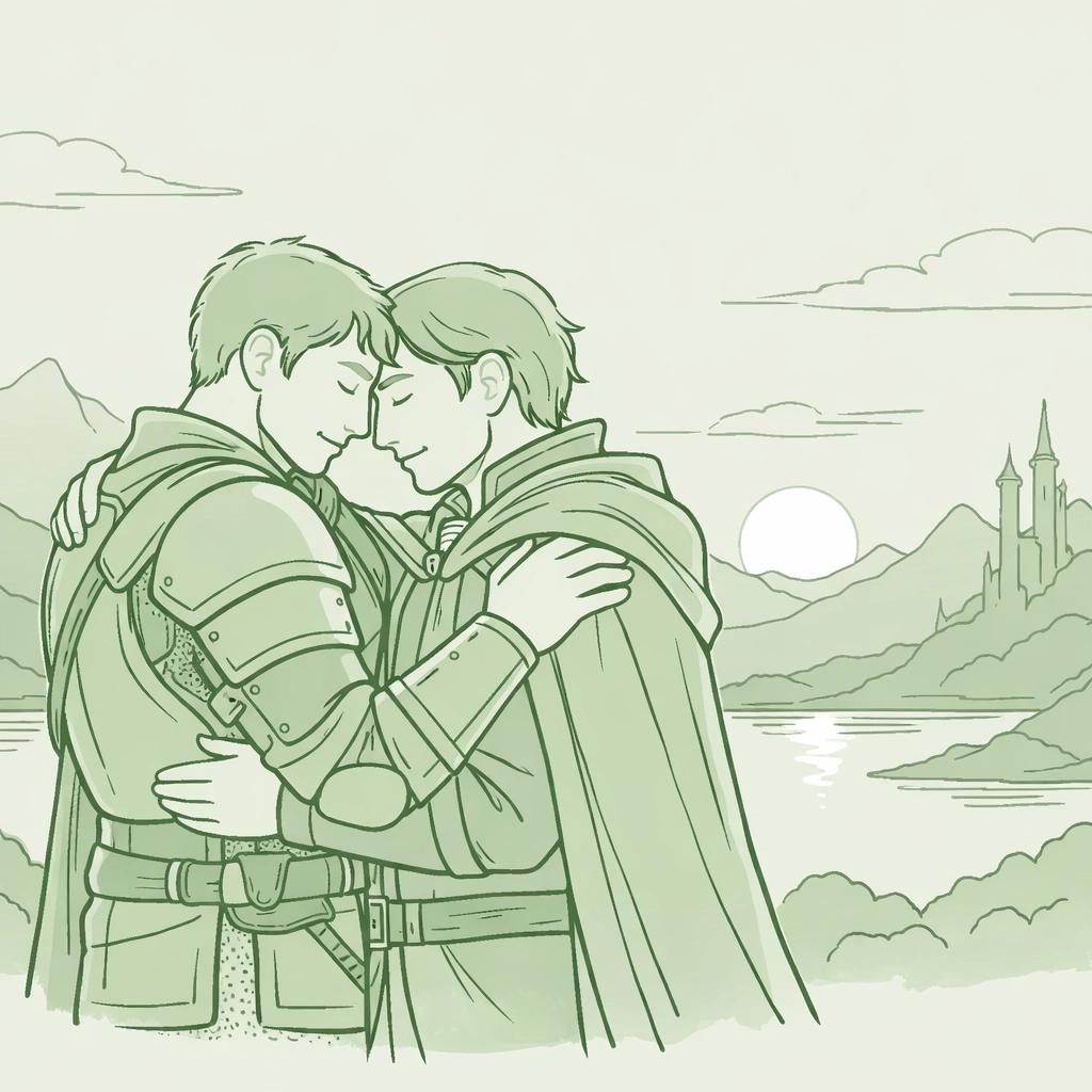 Gay fantasy romance couple embracing at sunset, witcher and nobleman finding love despite obligations
