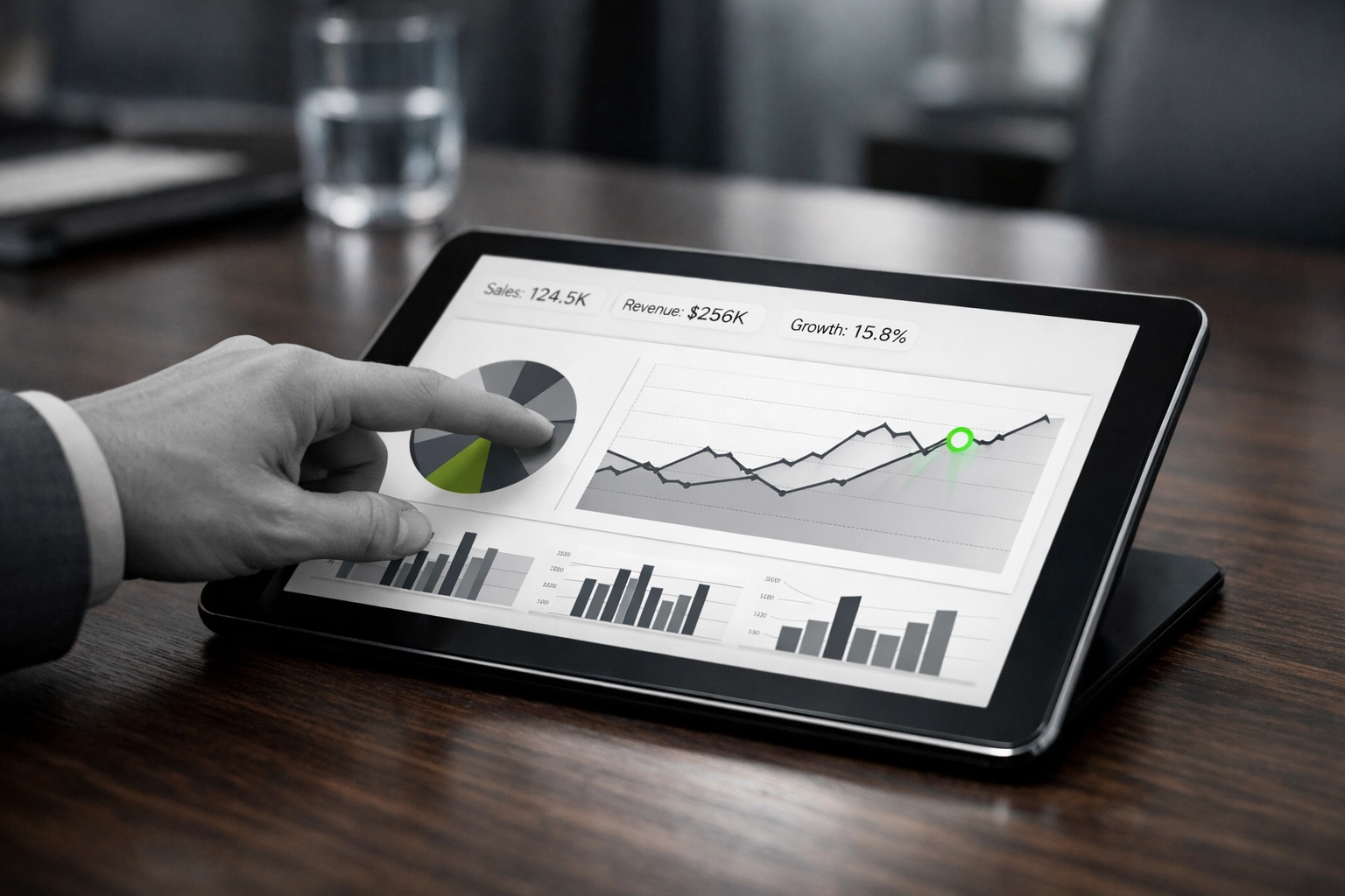 Data-driven leadership dashboard on a tablet highlighting strategic goals for nonprofit board alignment.