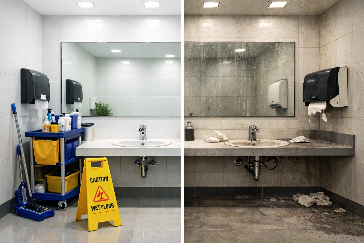 Split comparison showing clean versus poorly maintained office restroom from budget cleaning service