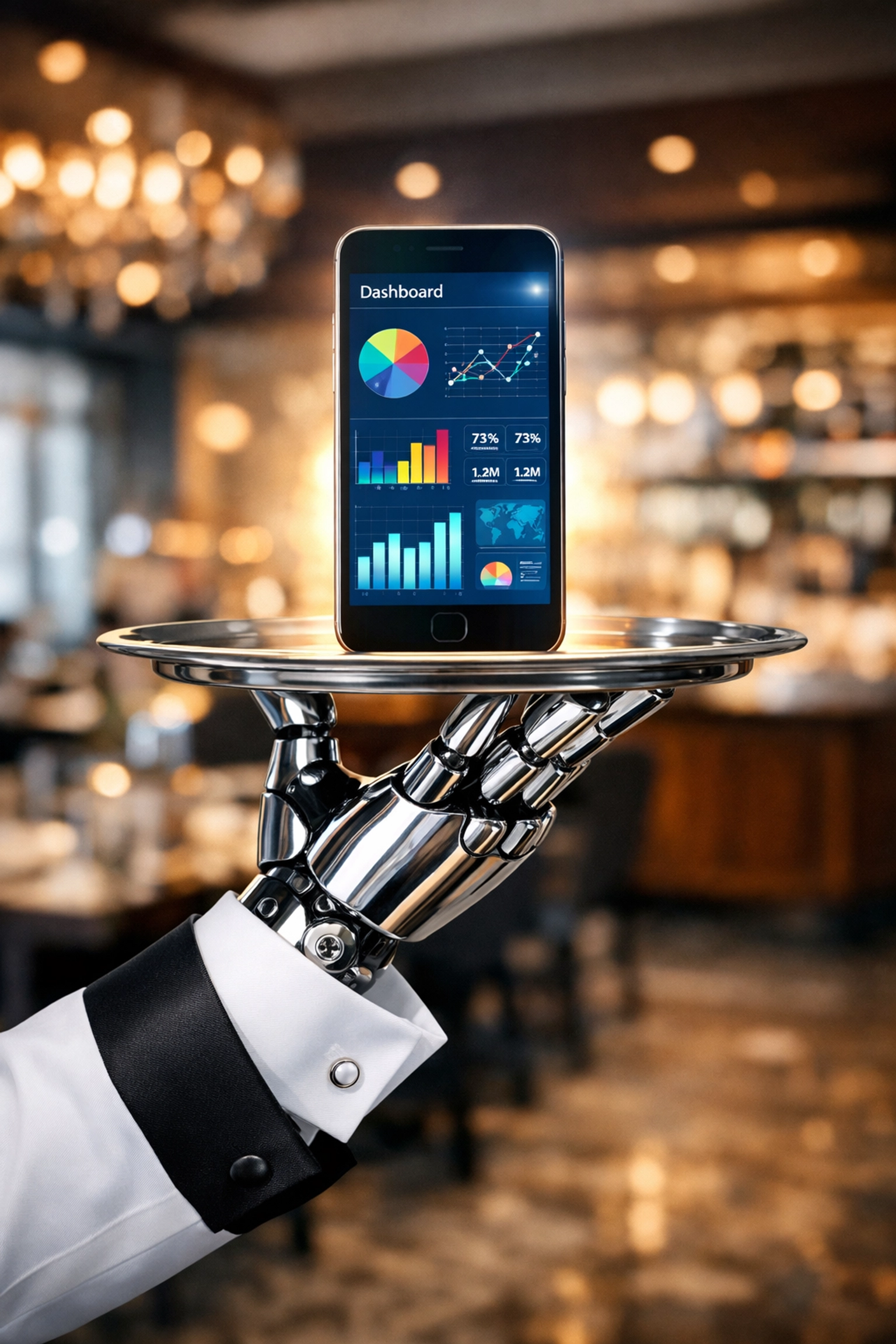 Futuristic robotic server holding a mobile dashboard for AI restaurant analytics and reporting.