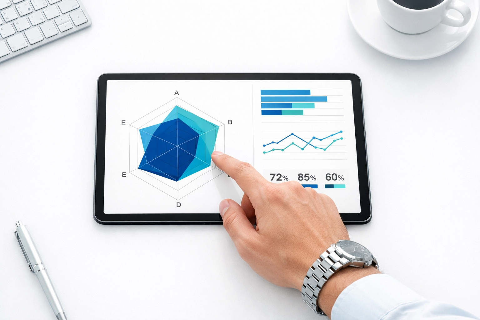 Professional using a digital tablet to analyze sales performance data and identify team gaps.