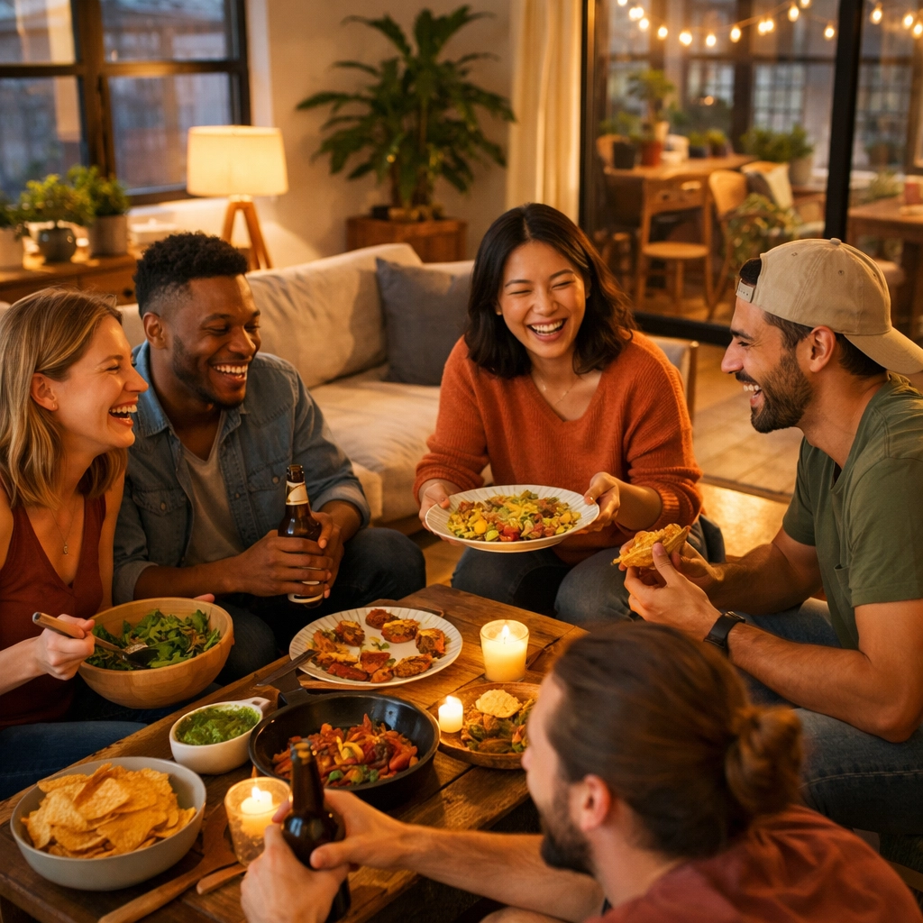 Young adults enjoying community in shared housing living room