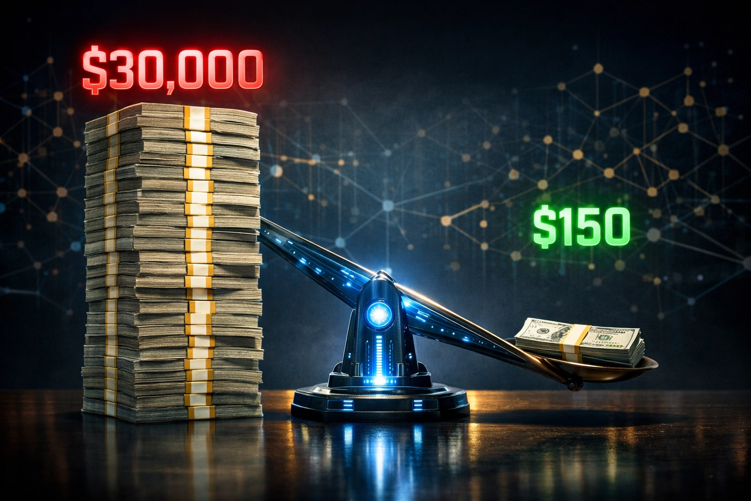 Annual merchant payment processing cost comparison: $30,000 traditional fees vs $150 Web3 fees