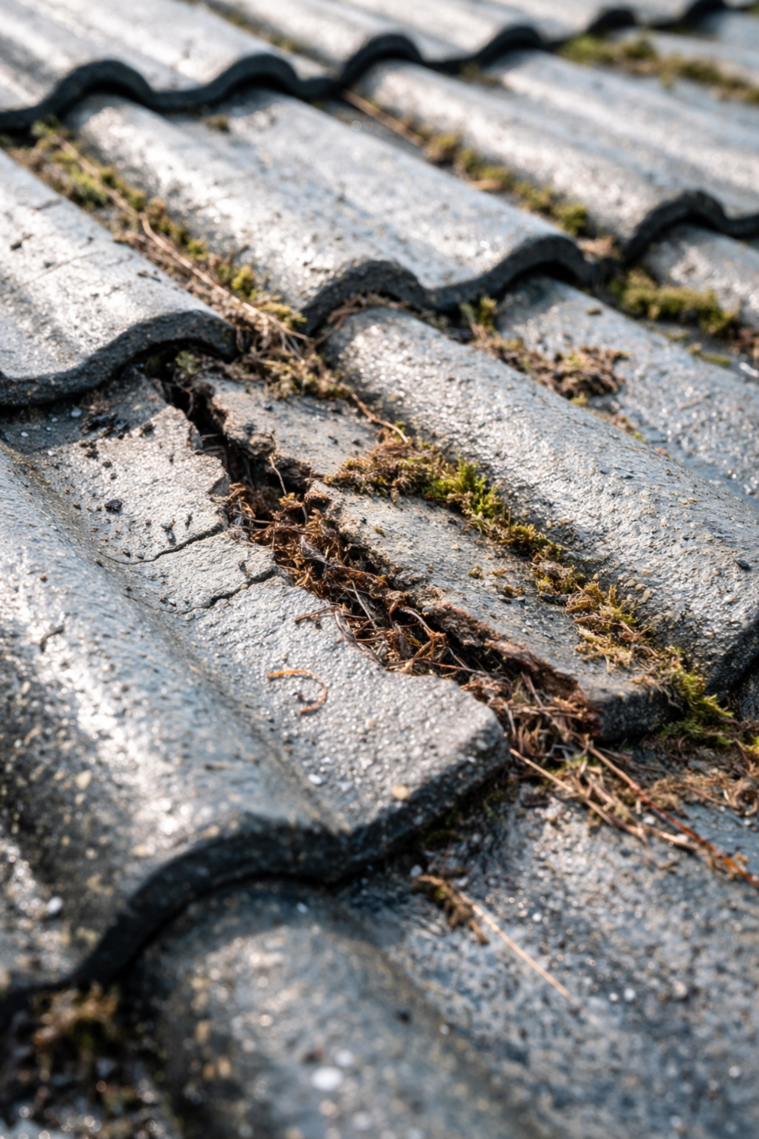Close-up of cracked and eroded concrete roof tiles with moss damage on a wet Northern Ireland roof