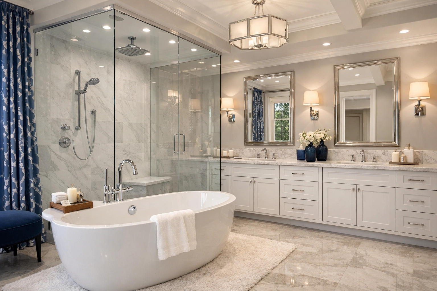 A sparkling clean master bathroom suite featuring professional residential cleaning Massachusetts standards.
