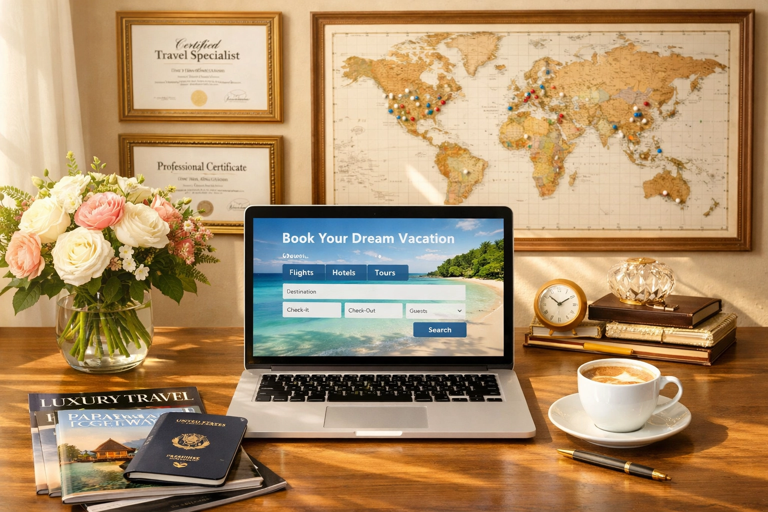 Professional home office with travel certifications, world map, and booking platform on laptop