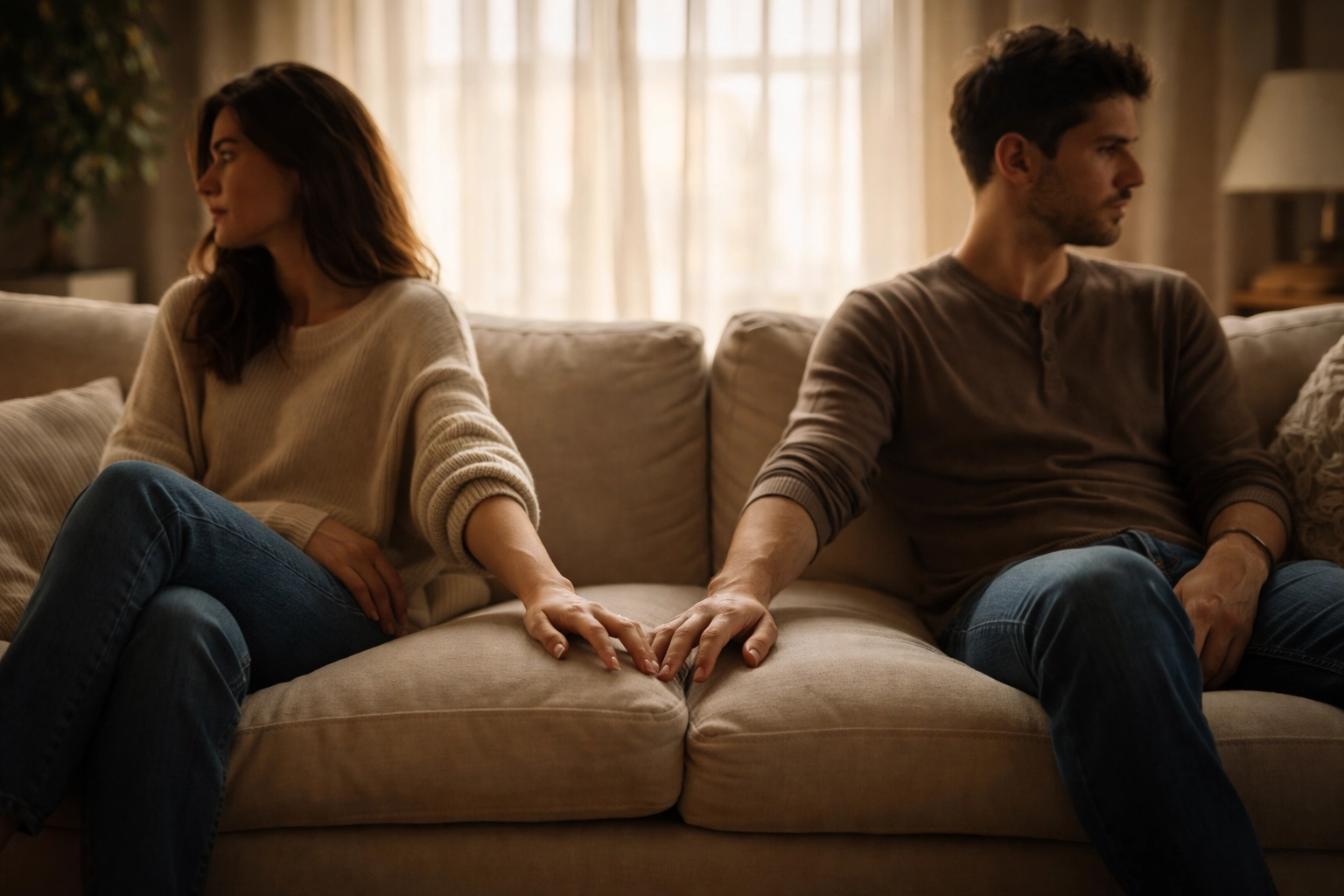 Pár a kanapén egymás felé nyújtott kézzel – az érzelmi intimitás szexmentes párkapcsolatban