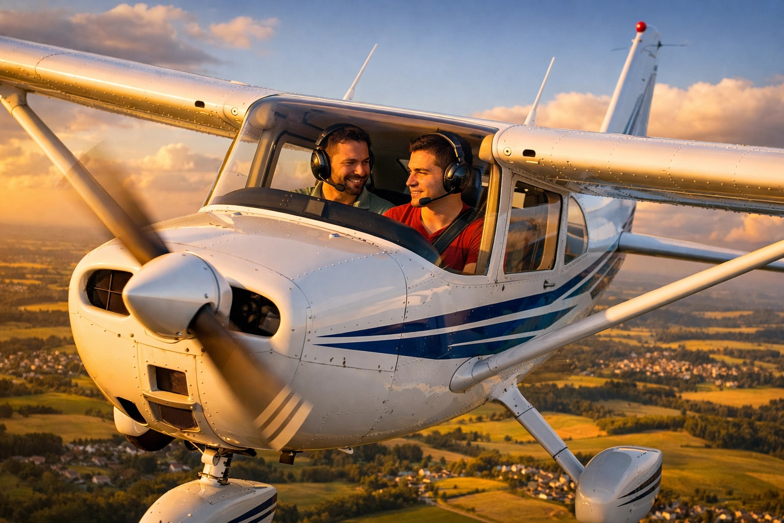 Flight instructor and student pilot in cockpit during hands-on training flight