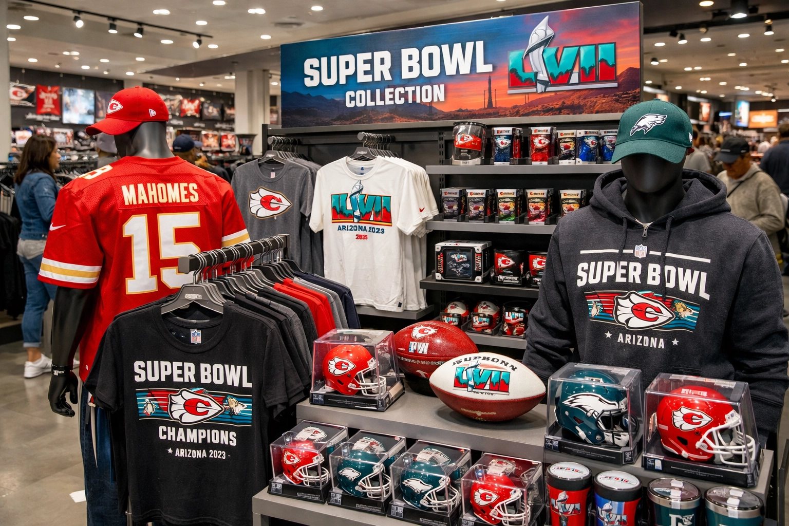 Exclusive Super Bowl 2026 merchandise and commemorative apparel on display at NFL Shop