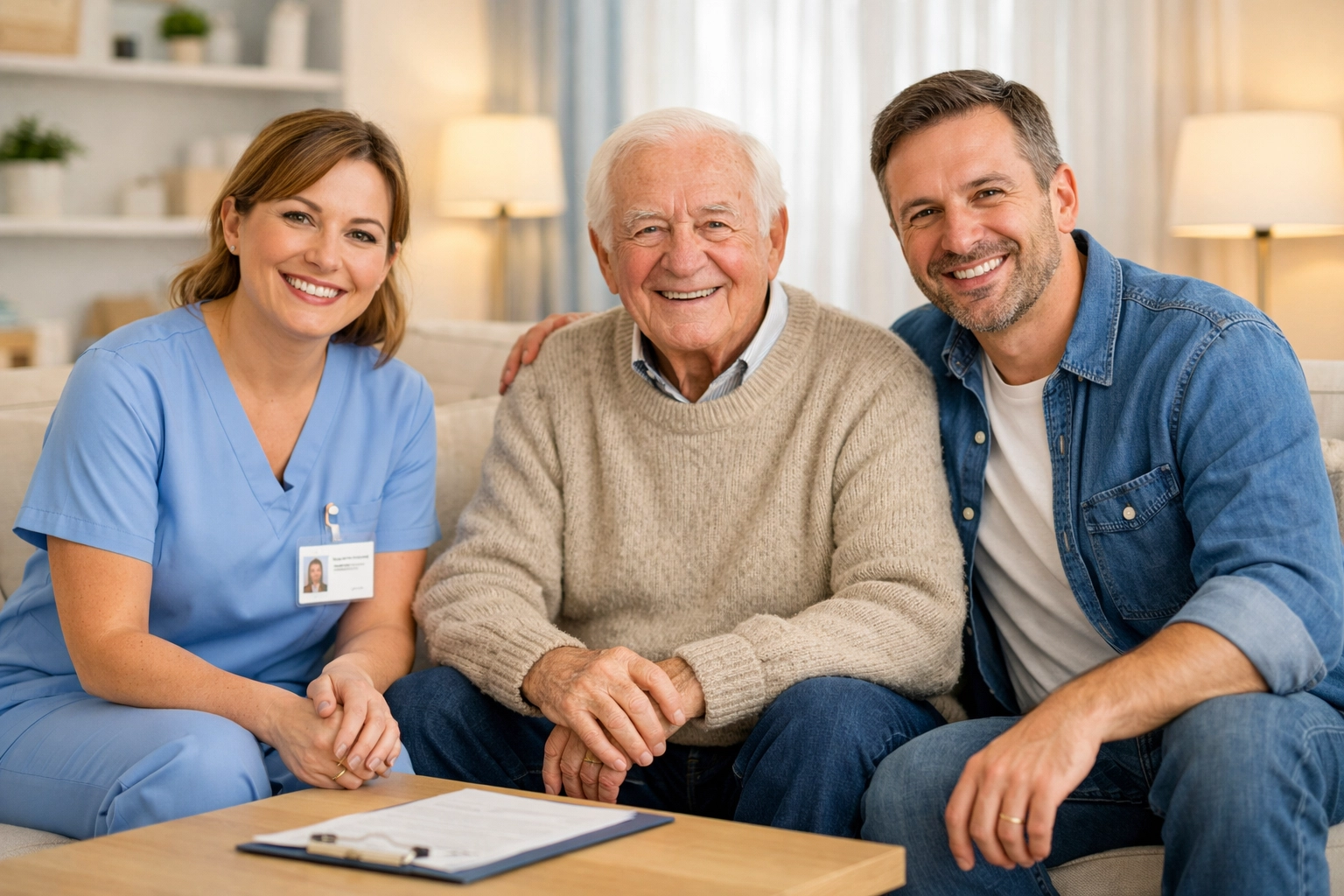 A family interviewing a professional carer in their Southampton home to ensure a perfect match for live-in care.