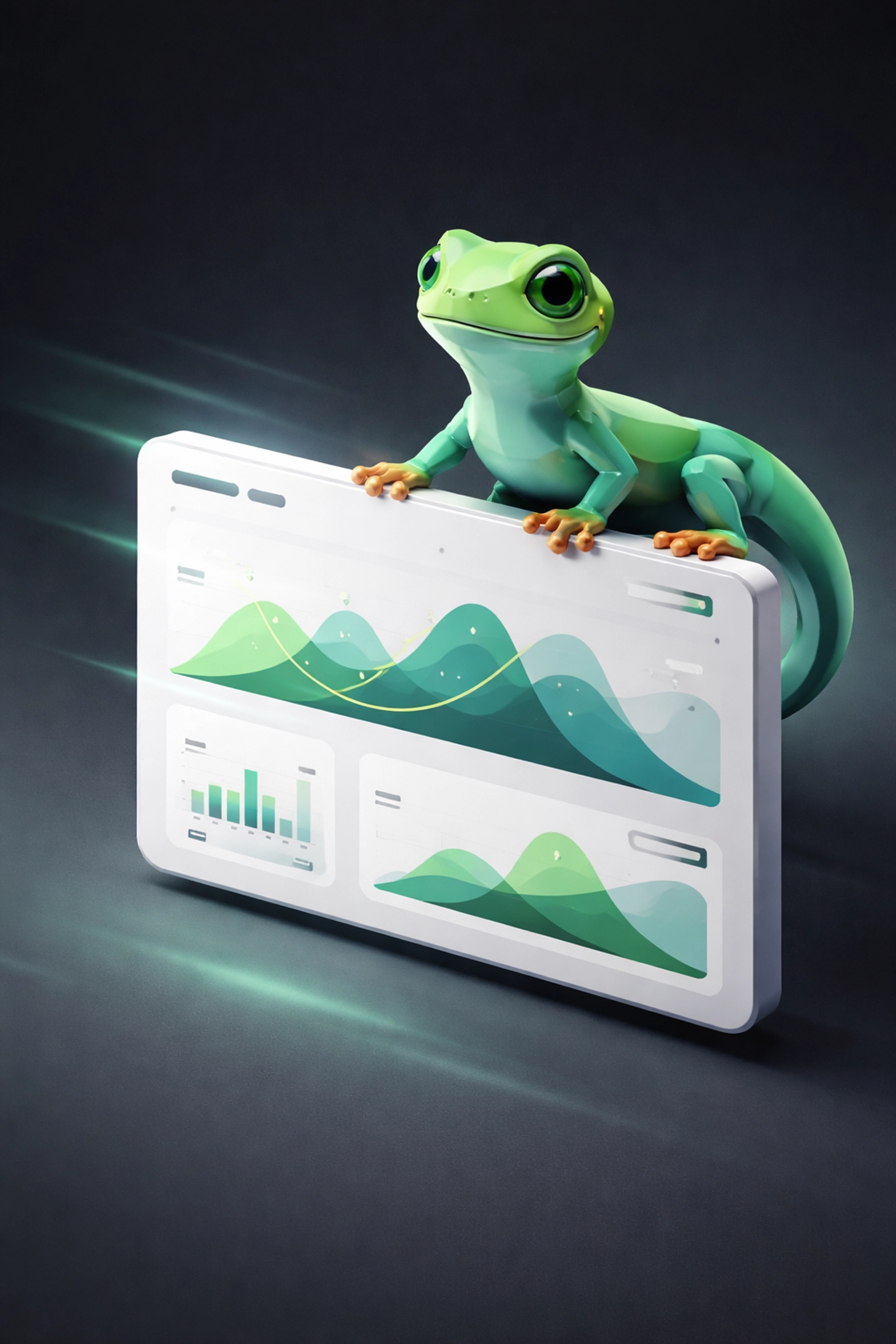 A geometric gecko on a floating dashboard of football betting charts, representing smart, analytical tools like Gecko Edge for bettors.