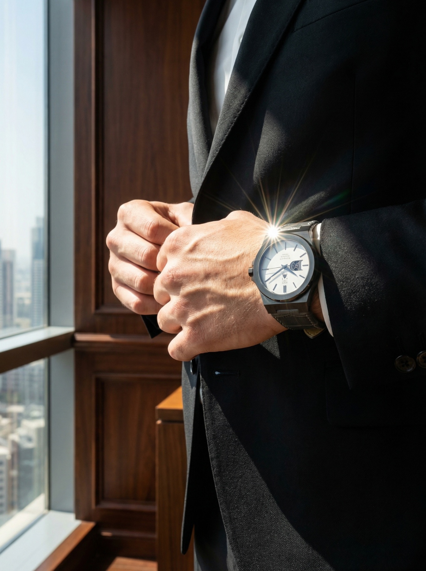 A man in a tailored suit wearing a Day & Night Watch Co. timepiece