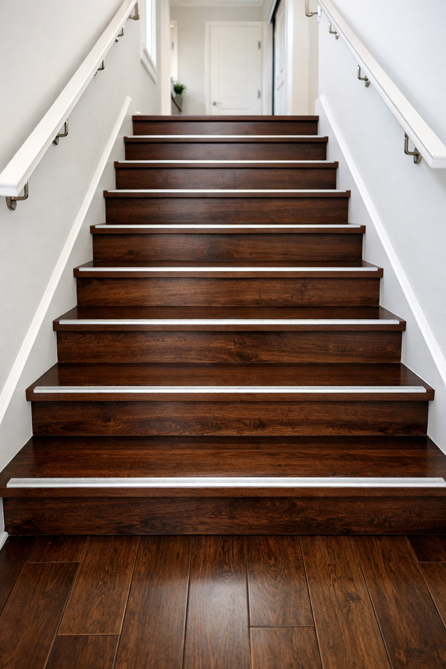 High-contrast non-slip strips on the edges of wooden stairs to improve step visibility and home safety.
