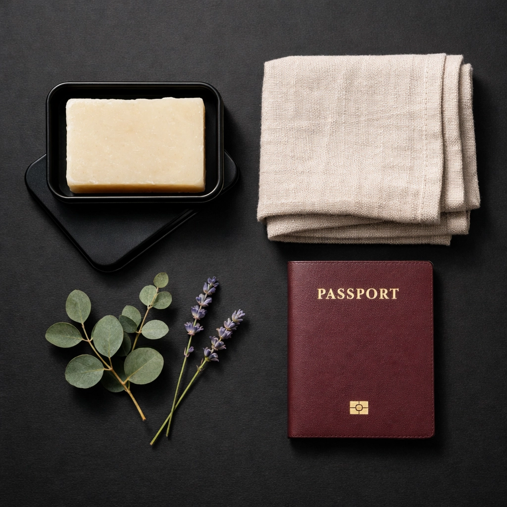 Travel-friendly bar soap in metal tin with passport and towel for TSA-approved packing