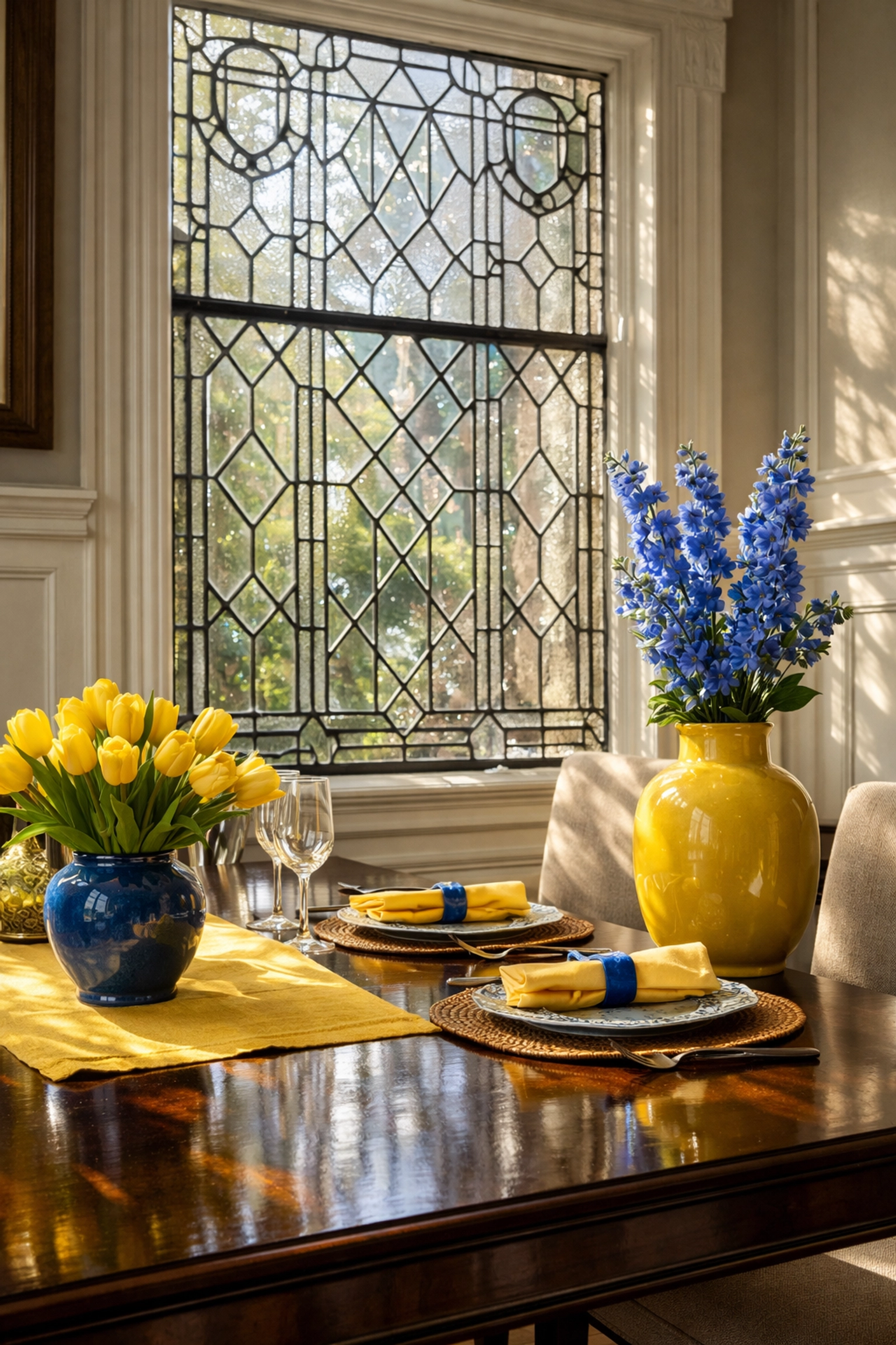 Historic leaded glass window cleaned during a luxury house cleaning in Brookline service.