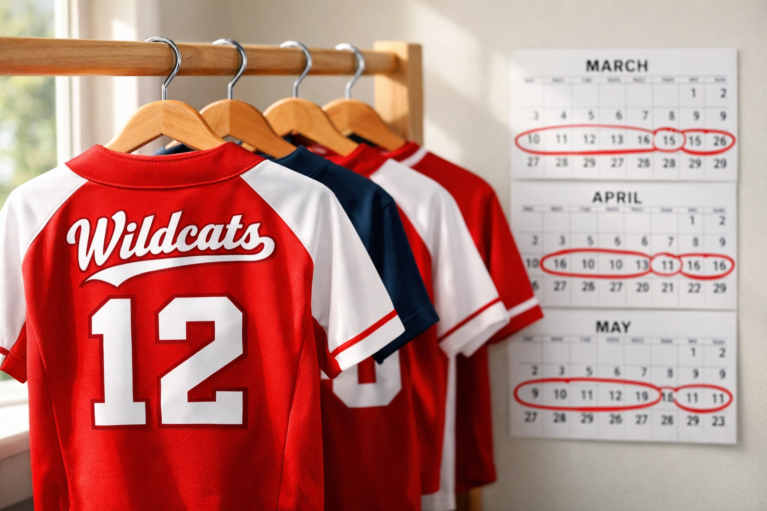 Custom team jerseys with numbers hanging ready for spring sports season fast turnaround