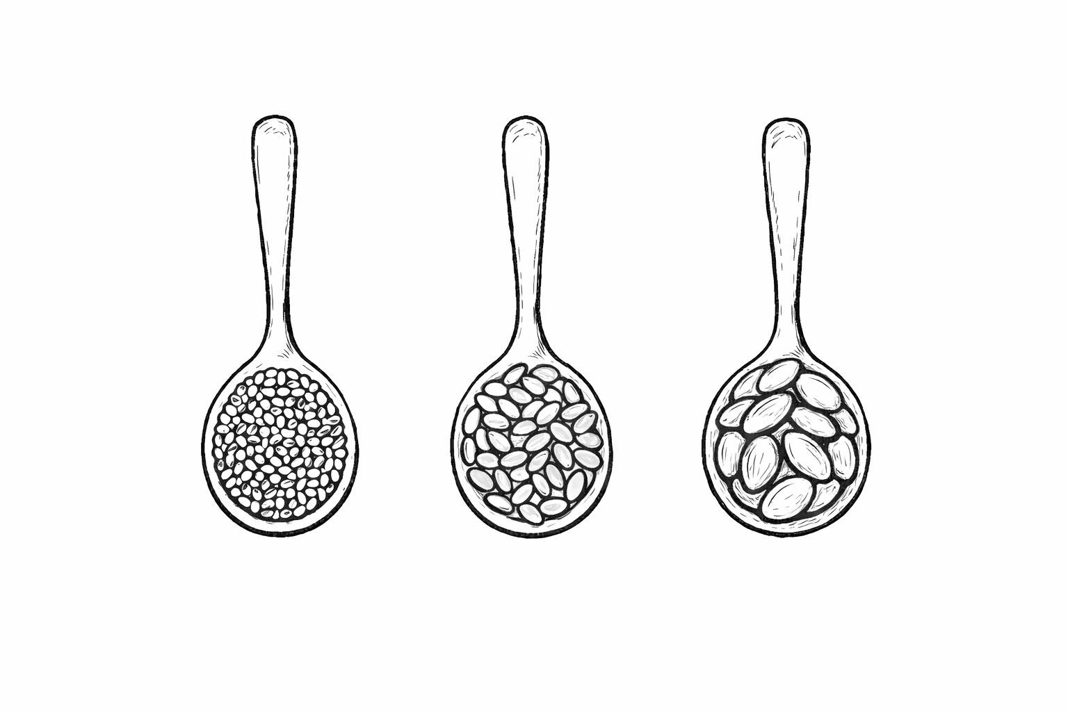 Minimalist black and white line drawing of spoons filled with superfood seeds