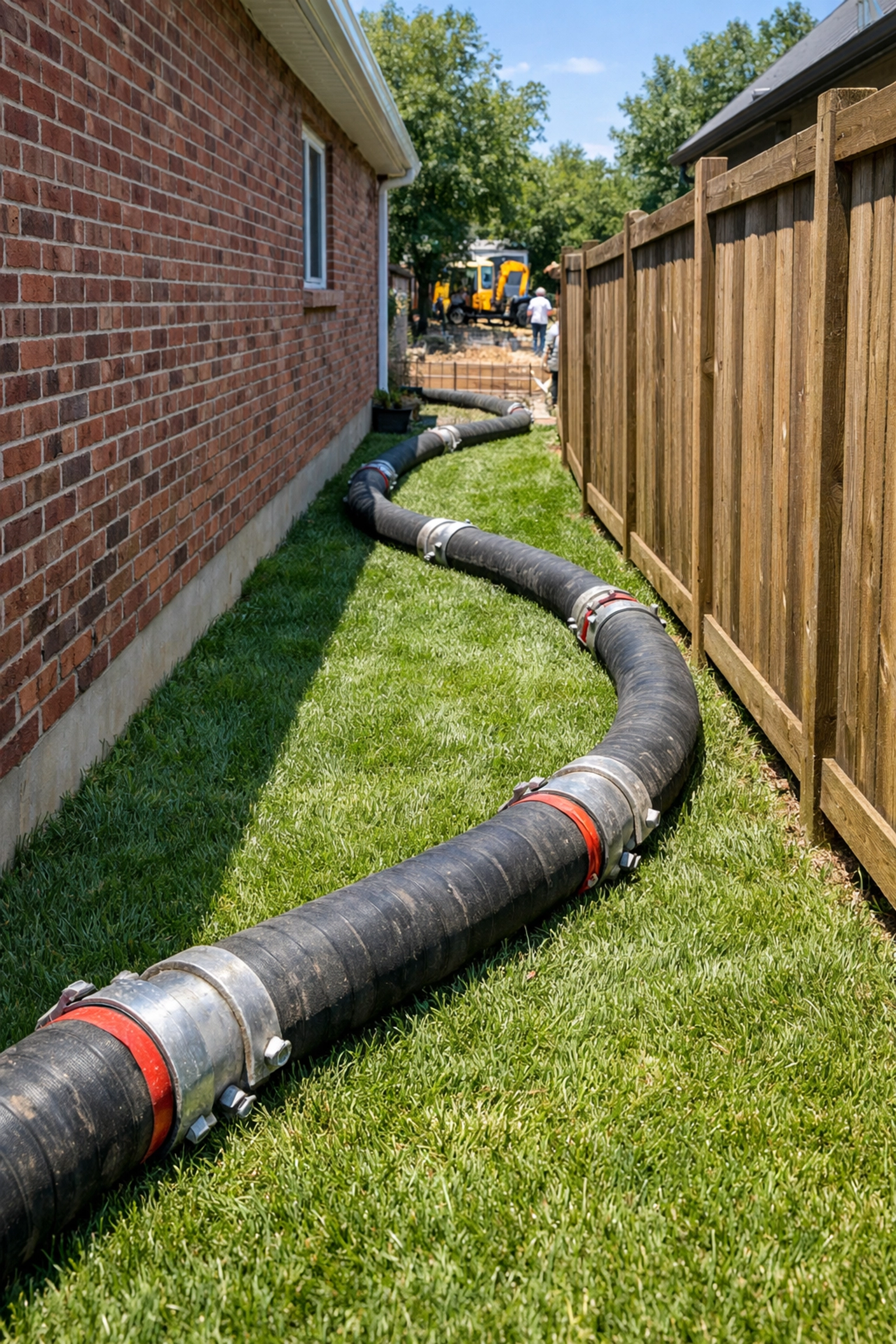 Residential concrete pumping hose navigating a narrow side yard for a professional backyard patio installation.