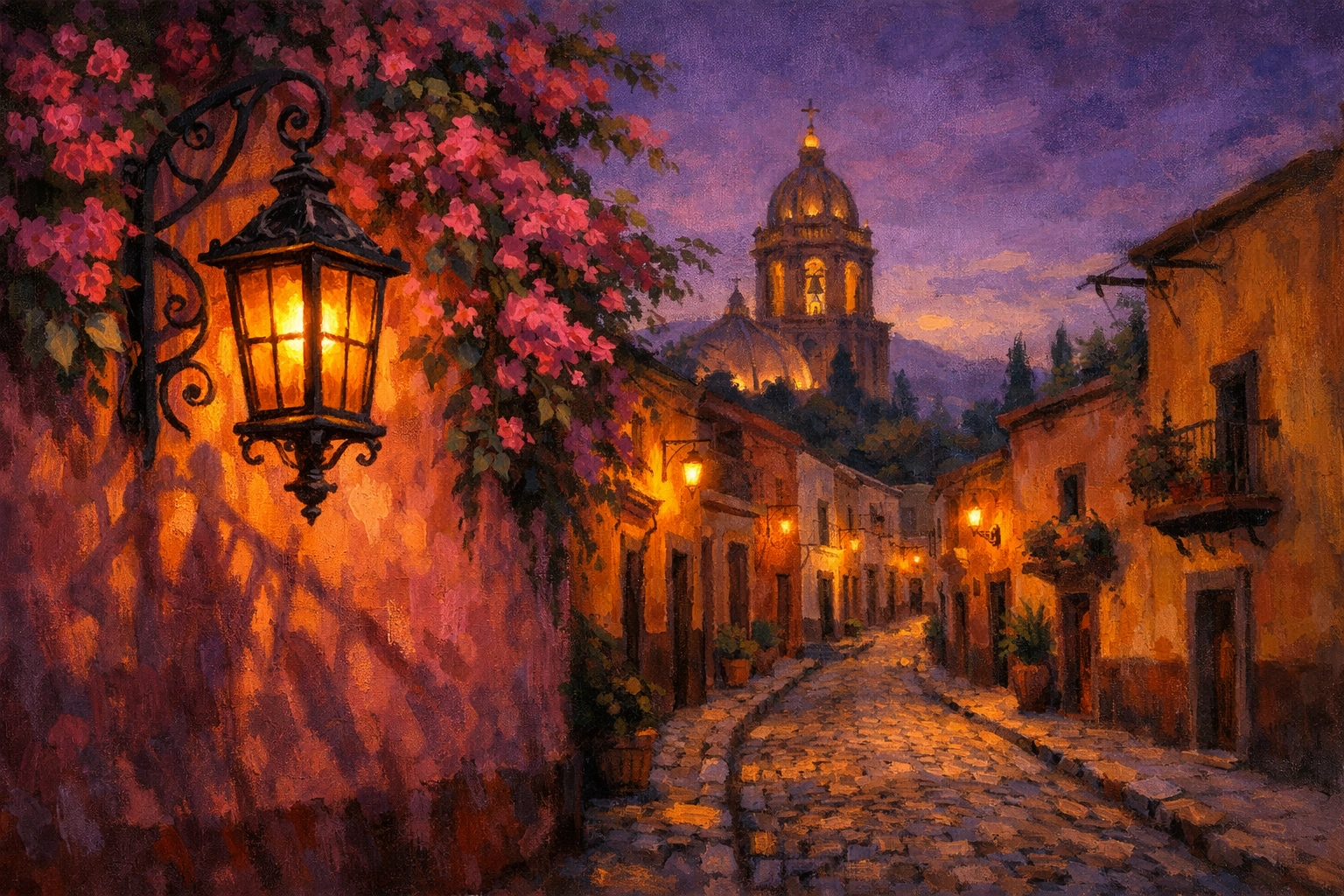 A peaceful twilight view of a Mexican town with a church bell tower, reflecting a prayer for safety and hope.